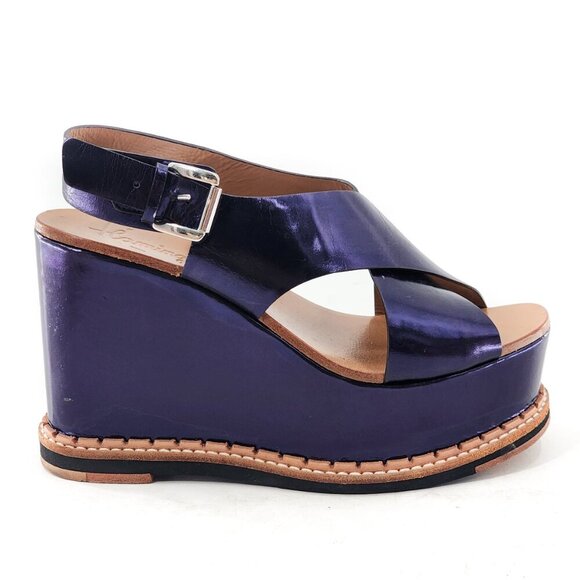 FLAMINGOS Trendy Metallic Blue Leather Platform Wedge Sandal - Picture 4 of 11